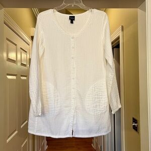 EUC Eileen Fisher Organic Cotton Button Front Tunic Top Blouse Shirt White SMALL